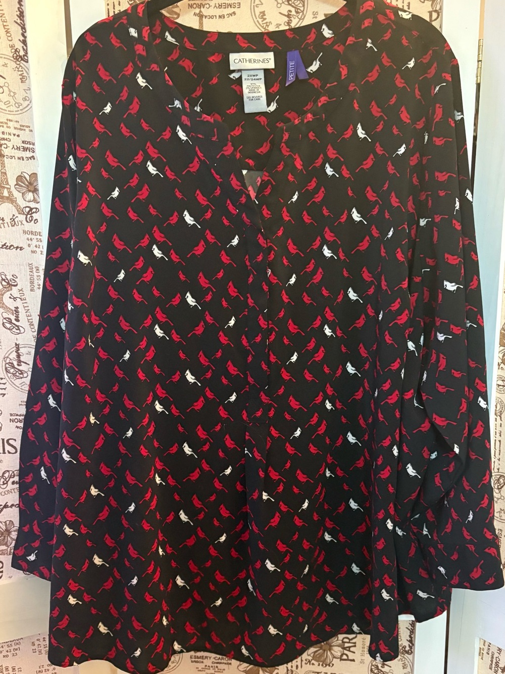Catherines Petite 2XWP Cardinal Bird Print Silky 3/4 Button Blouse